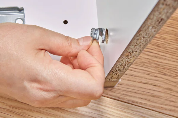 Assembling Furniture Chipboard Cam Lock Nut Close — Stock Photo, Image