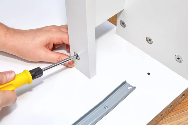 Furniture Assembler Tightens Cam Lock Nut Screwdriver Furniture Made Particle — Stock Photo, Image