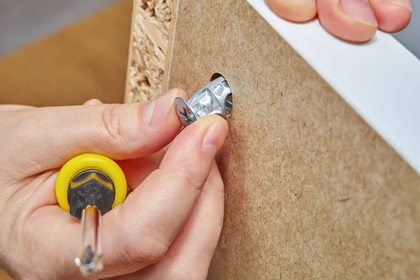 Furniture Assembler Fixes Cam Lock Nut Hole Surface Furniture Made — Stock Photo, Image