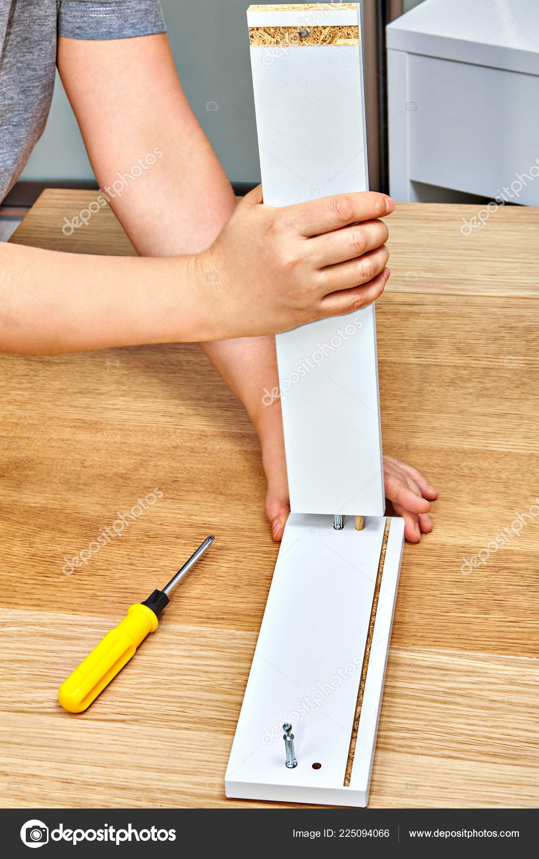 Handyman Joins Together Two Parts Ready Assemble Furniture Cam
