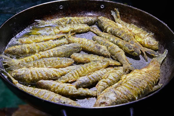 Peixe frito na frigideira . — Fotografia de Stock