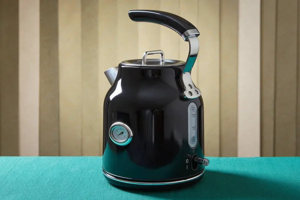 One black metal electric kettle with a thermometer.