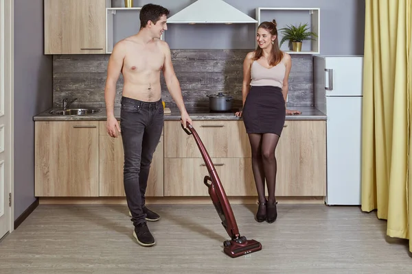 Using Cordless Vertical Vacuum Cleaner Cleaning Kitchen Young People Cleanup — Stock Photo, Image