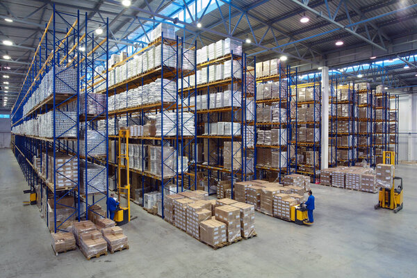 St. Petersburg, Russia - November 21, 2008: Top view of a large warehouse with adjustable pallet racking systems for warehousing storage, the interior of one of the warehouses of the logistics complex.