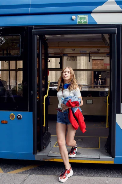 Slim Young Woman Trolley Bus Attractive Caucasian Lady Years Old — Stock Photo, Image