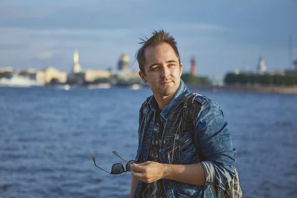 Portrait Young Man Background Saint Petersburg Neva River Russia Male — Stock Photo, Image