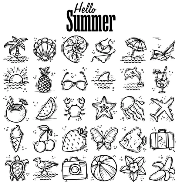 Sada ikon a designových prvků pro letní dovolenou a odpočinek na pláži ve stylu doodle — Stockový vektor