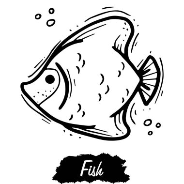 Beyaz arka planda izole edilmiş balık. Klasik siyah vektör kabartma çizimi. Grafik biçiminde çizilmiş el.