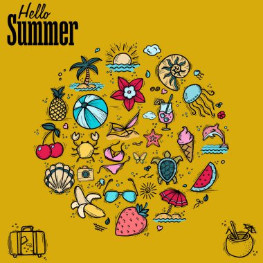 Yaz tatilleri ve kumsal için karalama tarzında dinlenme simgeleri ve tasarım öğeleri.