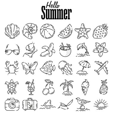 Yaz ve plajın ince simgeleri. Taslak sembol koleksiyonu.