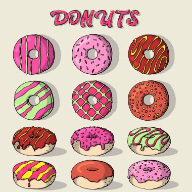 Jöleli çörek seti. Jöleli ve ısırıklı izole çörekler, renkli yenmiş çikolatalı börekler veya karamel çemberli çörekler.