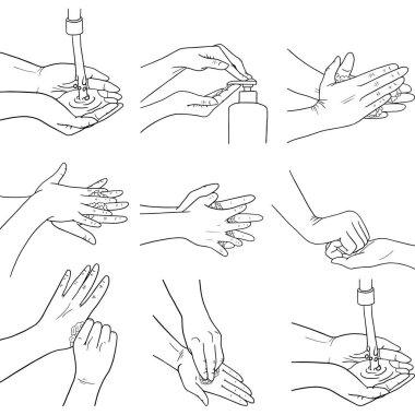 Ellerini nasıl doğru dürüst yıkayacağını. El yıkamanın vektör çizimi. Ellerin sabunlanıyor ve durulanıyor