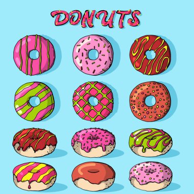 Jöleli çörek seti. Jöleli ve ısırıklı izole çörekler, renkli yenmiş çikolatalı börekler veya karamel çemberli çörekler.