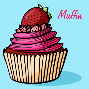 Kek basit bir çizim. Farklı aromalı kek. Renkli el çizimi kek kurabiyesi .