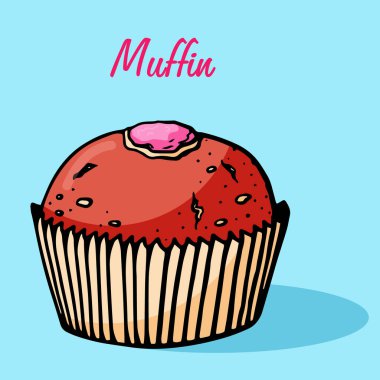 Kek basit bir çizim. Farklı aromalı kek. Renkli el çizimi kek kurabiyesi .