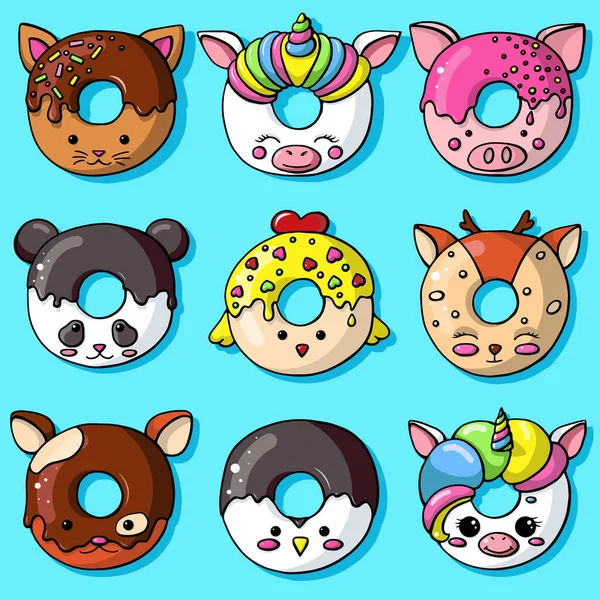 Glazed bonito conjunto de animais donut. Donuts isolados com esmalte e mordida — Vetor de Stock
