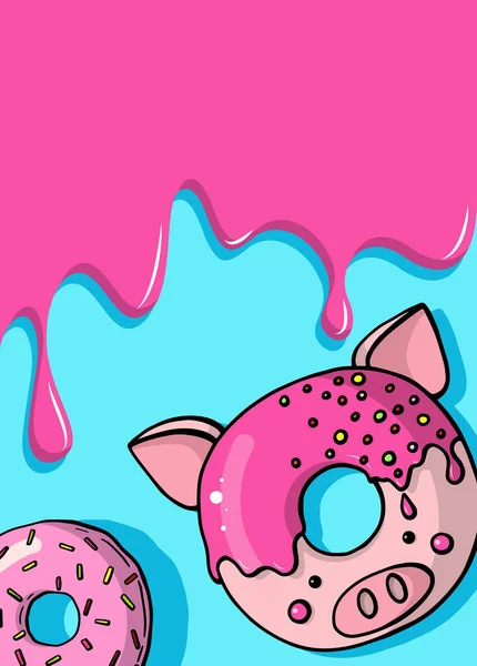 光滑可爱的甜甜圈动物卡。带釉面和咬的甜甜圈卡 — 图库矢量图片