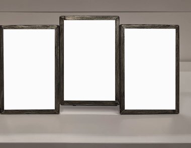 Beyaz boş resim çerçeveleri beyaz raf