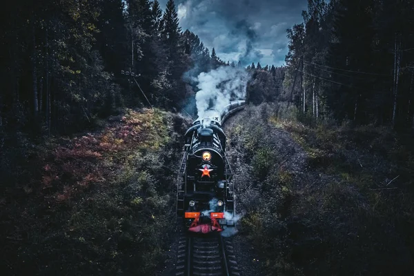 Old Soviet Steam Locomotive Passing Though Karelian Forrest — Stock Photo, Image