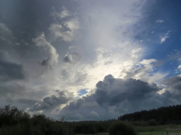 Bir ormanın üzerinde gri kümülüs bulutlarında gün batımı, derin gri cirrus bulutları