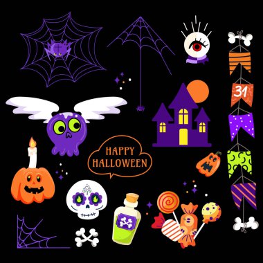 Cadılar Bayramı öğeleri, balkabağı kafatası perili ev hayaletli göz ağı iksiri iksiri şekerleri ve festival dekorasyonları ile hazırlandı. Baskı için ürkütücü bayram kutlaması ikonları, parti afişleri tasarımı. Vektör