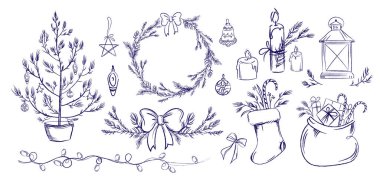 Noel tatili unsurları süslenmiş ağaç çelengi mumları, fener çelenkleri ve tebrik kartı davetiyeleri poster ambalajları ve mevsimlik markalar için hediye paketi ile hazırlandı. Vektör