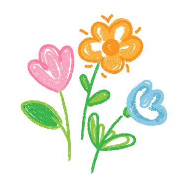 Yeşil saplı ve beyaz arkaplanlı üç renkli çiçeğin pastel çizimi çocuk kitapları için eğitici materyaller tebrik kartları çocuk odası dekorları için uygun. Vektör illüstrasyonu