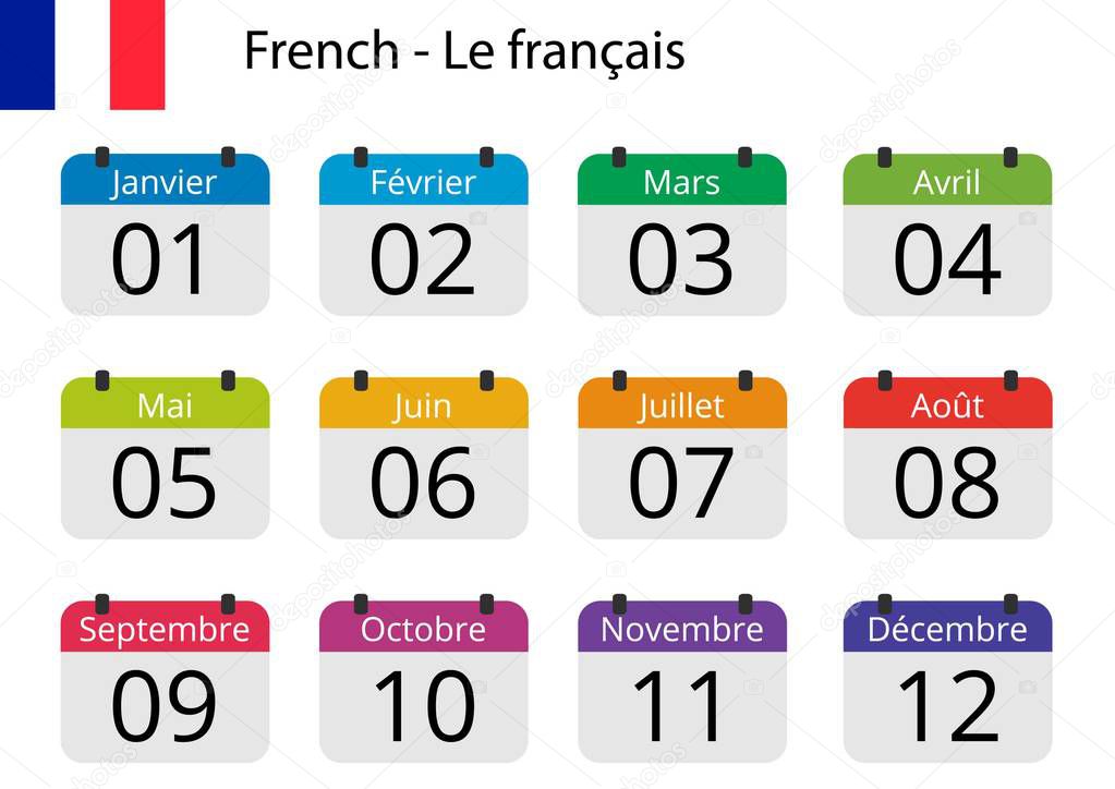 Flat design of calendar months icon set on French with number month