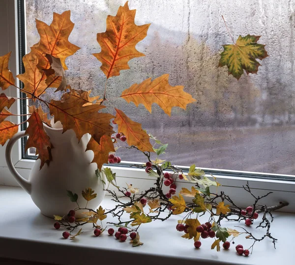 Autumn Composition Jug Yellow Leaves — Stock Photo, Image