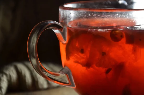 Homemade Red Hot Tea Viburnum Lemon Honey Glass Cup Close — Stock Photo, Image