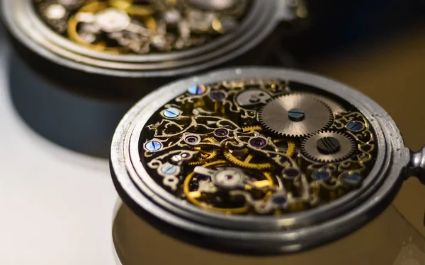 Mechanisme Met Versnellingen Clockwork Skelet Elegante Vintage Handgemaakte Zak Horloges — Stockfoto