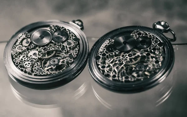 Meccanismo Con Ingranaggi Scheletro Meccanico Eleganti Orologi Tasca Vintage Fatti — Foto Stock