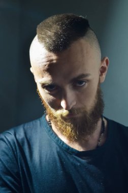 Adil cilt ve trendy zencefil sakallı genç Avrupa hipster Portresi. Moda undercut saç modeli ve yakışıklı yüz özellikleri. Mohawk saç modeli, iroquois, mohikan.