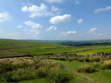 kaldera batı Yorkshire'da bozkırkenarında bir patikanın doğal görünümü, uzaklıkta görülebilen otlaklar ve pennine tepeleri ile mera sınırı olan kuru taş duvarları olan kaba tussock otları ile