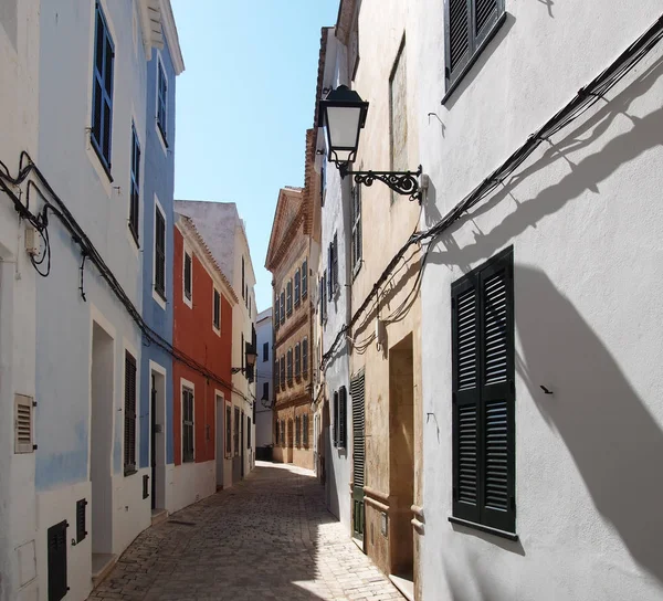 Bright Sunlit Narrow Empty Town Street Picturesque Old Houses Ciutadella — Stock Photo, Image