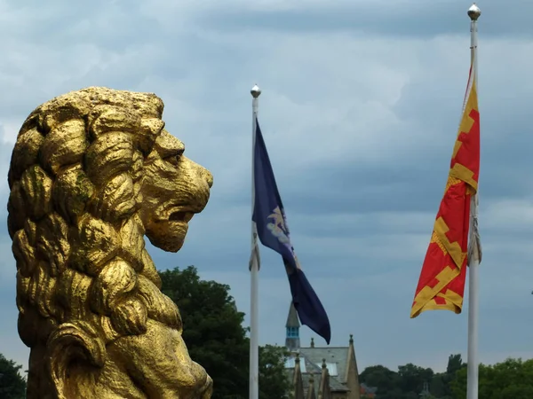 遠くに町の旗を持つ劇的な空に対して歴史的なロッチデール市庁舎を飾るプロファイルの黄金のライオンの像 — ストック写真