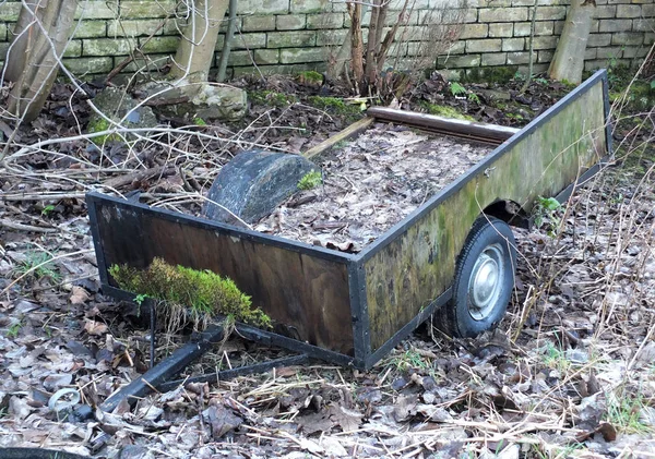 Remolque Agrícola Abandonado Abandonado Cubierto Musgo Hojas Muertas —  Fotos de Stock