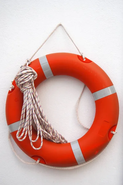 Orange Lifebelt Safety Rope Hanging White Wall — Stock Photo, Image