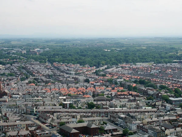 Lotnicze Panoramiczny Widok Miasto Blackpool Patrząc Wschód Pokazując Ulice Drogi — Zdjęcie stockowe