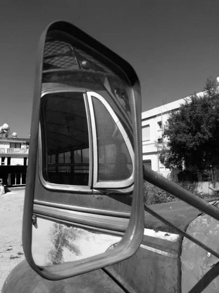 Black White Photo Old Bus Rear View Mirror —  Fotos de Stock