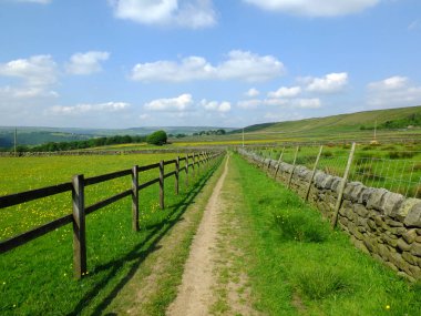 uzun düz patika bir çit yanında çalışan bir kuru taş duvar mavi güneşli gökyüzü ve pennine tepeler yorkshire dales kırsal mesafede görünür alanlarda alanlarda parlak bahar çiçekleri ile mesafe içine
