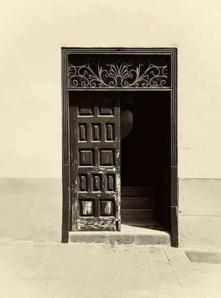 Sepia Abbildung Einer Alten Holztür Mit Paneelen Einem Traditionellen Spanischen — Stockfoto