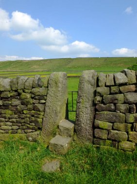 parlak mavi yaz gökyüzü ve güneşli çim ile yorkshire dales yamaç çayır adımları ile taş stile veya dar kapı ile kuru bir taş duvar