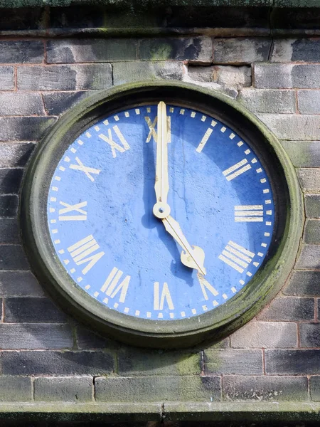 Blue church clock at five — Stock Photo, Image
