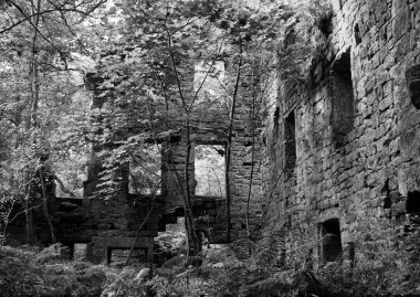 terk edilmiş staups mill calderdale batı yorkshire ormanlık büyük bir harabe monokrom görüntü