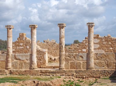 duvarlar ve sütunlar Theseus evi, Kato Paphos Arkeoloji Parkı Baf Roma Villa Harabeleri