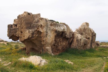Pafos Kıbrıs 'ta krallar bölgesinin mezarı içinde adımlarla maruz oyma taş mezar