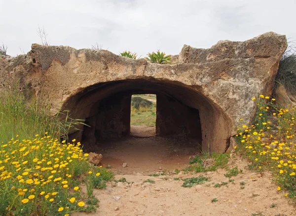 Un gran arco de piedra tallado en roca con una puerta de entrada a la tumba de los reyes en paphos cyprus — Foto de Stock