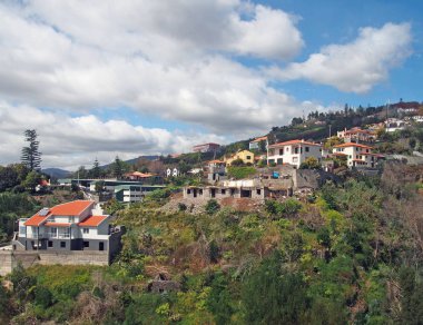uzakta şehir ve sahil ile bir dağ yamacında evler ve çiftlikler ile madeira funchal bir havadan görünümü