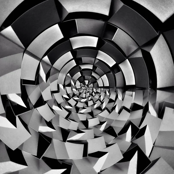swirl background. Black and white squares and lines distorted into abstract spiral pattern